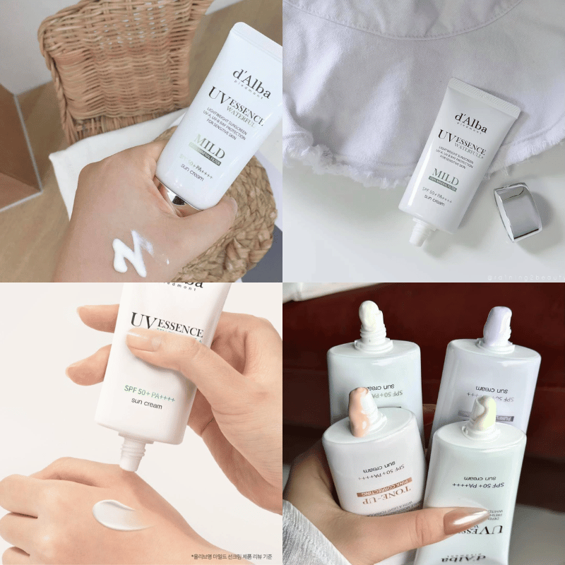 D'Alba Essence Waterfull Suncream Mild kết cấu mỏng nhẹ, chất kem màu xanh nhạt có thể sử dụng làm kem lót trước makeup